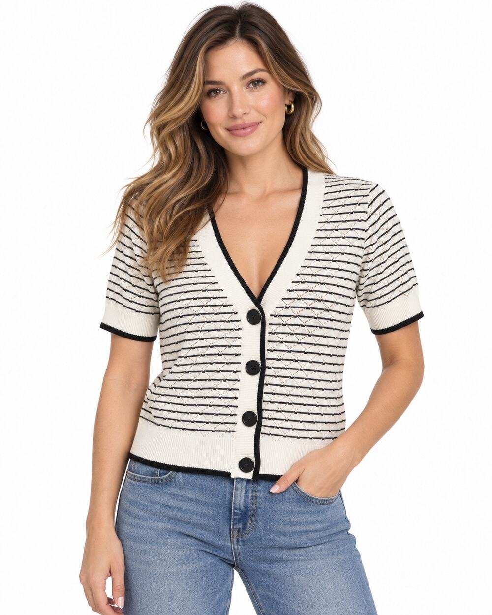 89th & Madison Black & White Knit Short Sleeve Cardigan â Size M